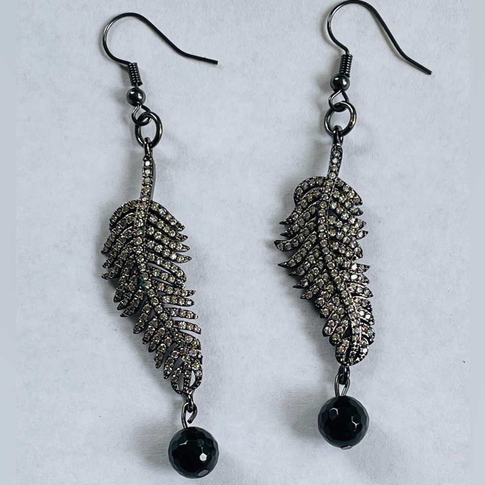 Crystal Chic Feather And Black Onyx Earrings